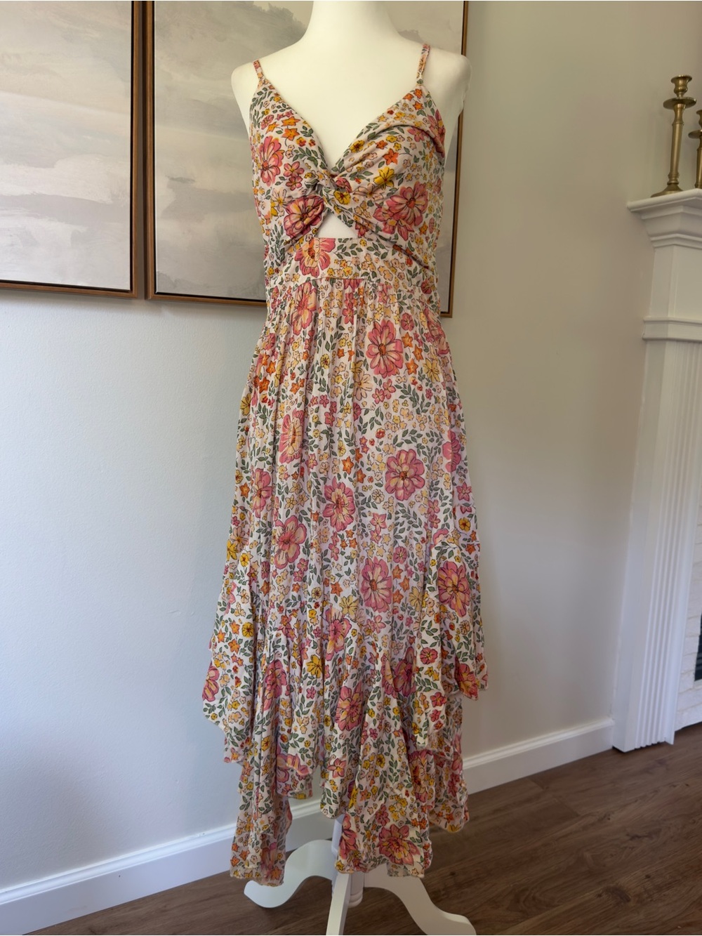 Angie Floral Twist Front Handkerchief Hem Midi Dress